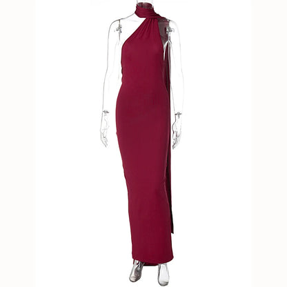 One Shoulder Backless Adjustable Scarf Sexy Maxi Dress