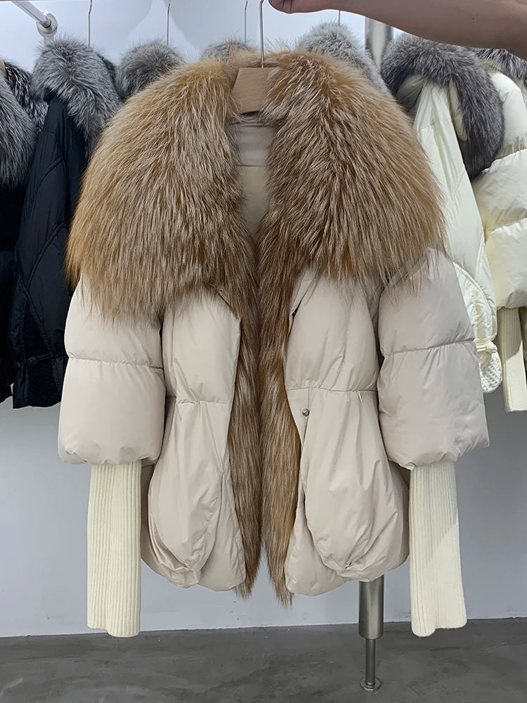 Real Fox Fur Winter Women Puffer Coat With Large Real Fox Fur Collar Thick Luxury Parkas Outerwear Female 90% White Duck Down Jacket