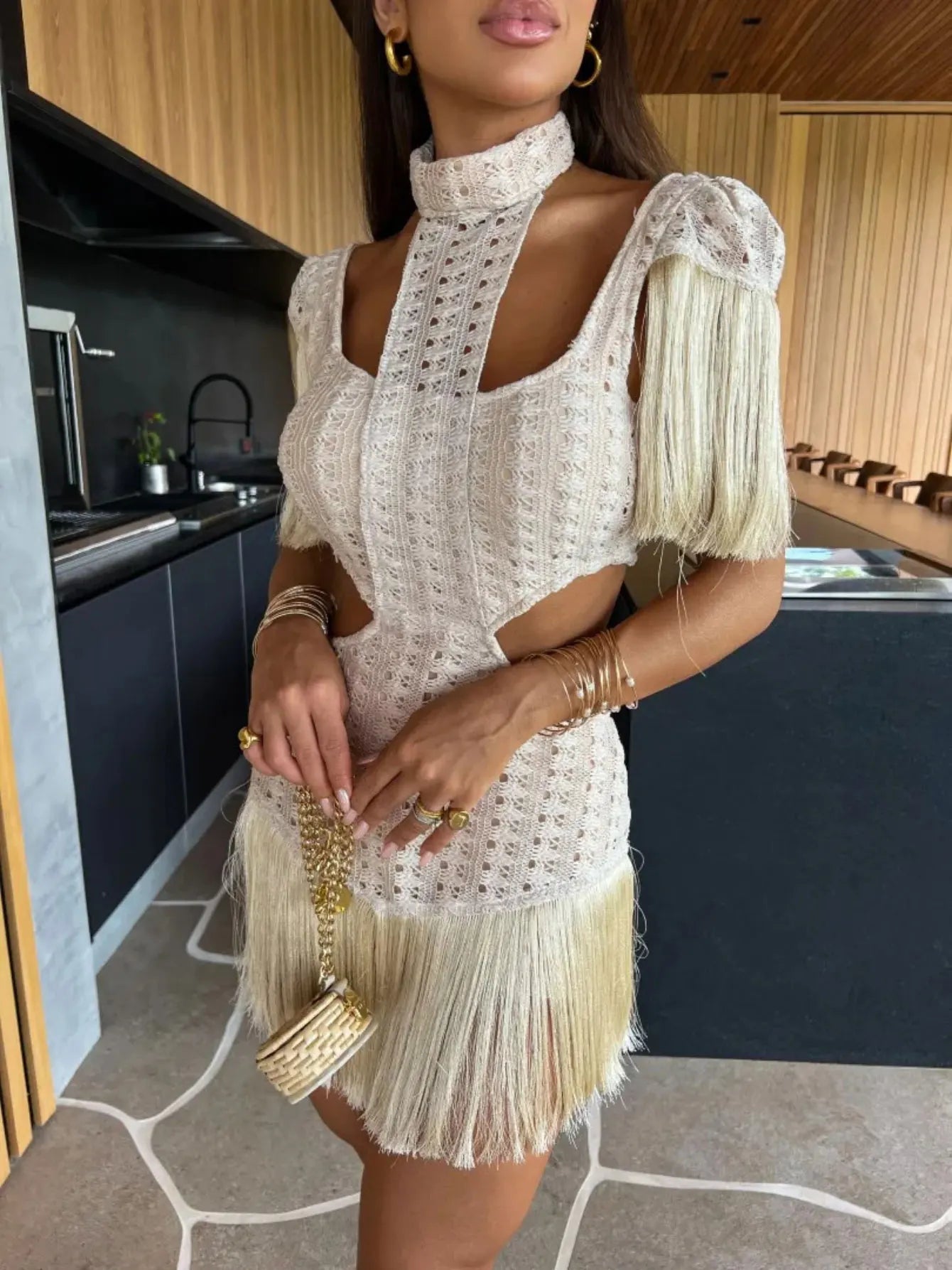 Sexy Elegant White Lace Turtleneck Dress with Tassel Sleeves