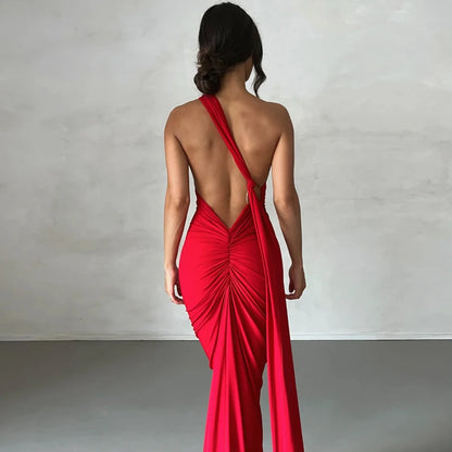 One Shoulder Backless Adjustable Scarf Sexy Maxi Dress