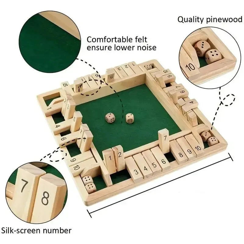 'SHUT THE BOX' Deluxe Four Sided 10 Numbers Shut The Box Board Game Set Dice Party Club Drinking Games for Adults Families