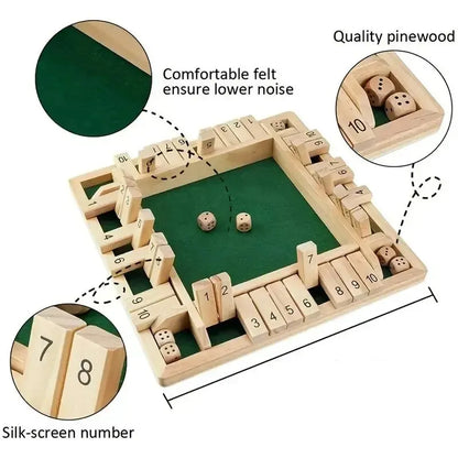 'SHUT THE BOX' Deluxe Four Sided 10 Numbers Shut The Box Board Game Set Dice Party Club Drinking Games for Adults Families