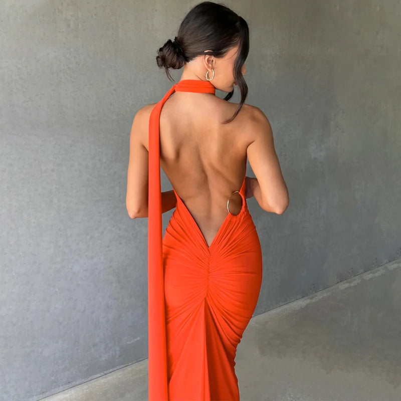 One Shoulder Backless Adjustable Scarf Sexy Maxi Dress