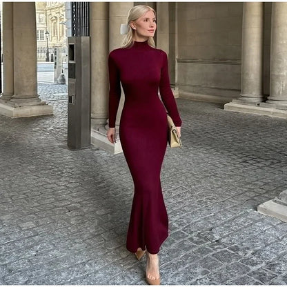 Solid Half High Collar Knitted Slim Dress Lady Elegant Long Sleeve Long Dress