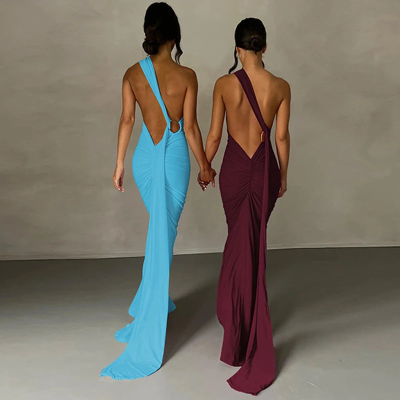 One Shoulder Backless Adjustable Scarf Sexy Maxi Dress