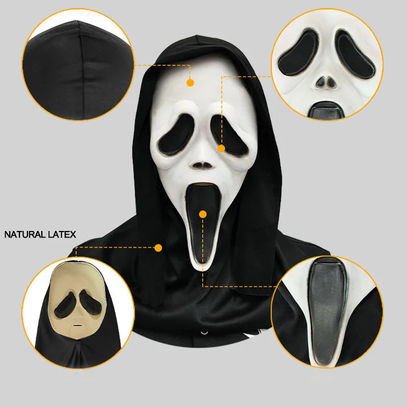 Halloween Ghostface Scream Mask Natural Latex Scary Skull Mask Horror Full Head Masque Halloween Party Adult Costume Cosplay Props Decoration