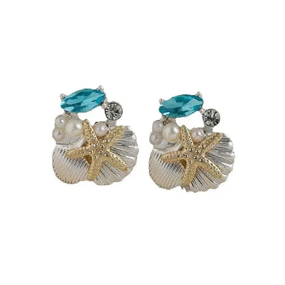 Elegant Starfish & Shell Earrings Set with Blue Crystals and Pearls