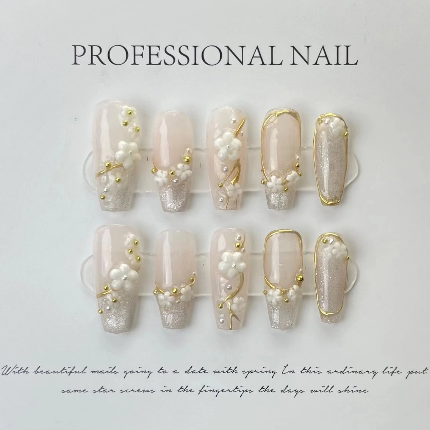 10 piece handmade nail  Fake Nails Rhinediamonds detachable pink butterfly long coffin Stiletto heel nails full coverage of nail