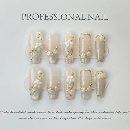 10 piece handmade nail  Fake Nails Rhinediamonds detachable pink butterfly long coffin Stiletto heel nails full coverage of nail