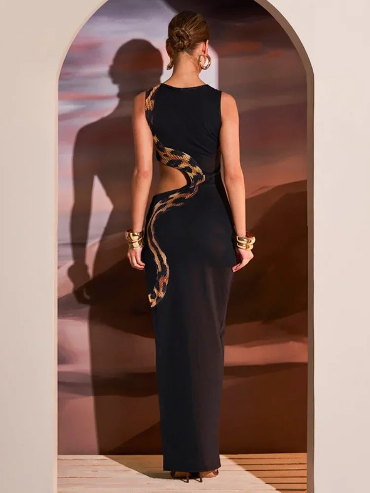 Sleek Snake Print Sleeveless Evening Gown