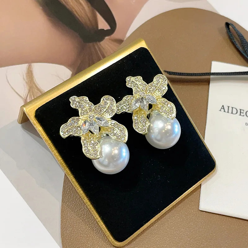 Elegant Rhinestone Pearl Flower Earrings - Retro Wedding Jewelry Gift