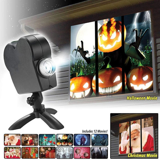 SUPER HOT DEAL! Halloween Christmas HOLOGRAM Projector Outdoor Holiday Led Holographic Projection Lamp Waterproof 12 Movies Spooky Party Stage Lights EU