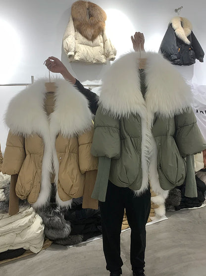 Real Fox Fur Winter Women Puffer Coat With Large Real Fox Fur Collar Thick Luxury Parkas Outerwear Female 90% White Duck Down Jacket