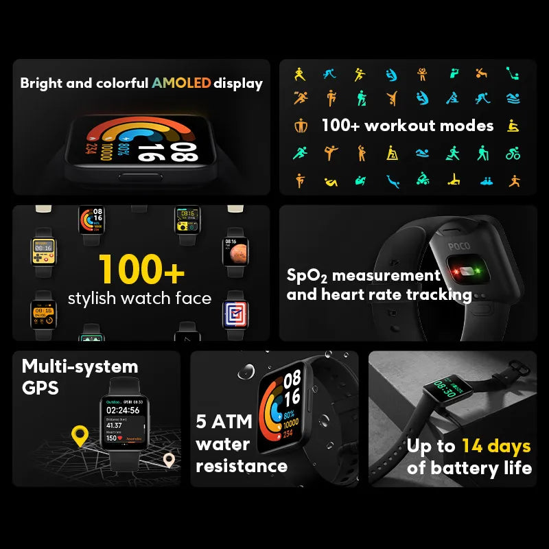 Global Version XIAOMI POCO Watch 1.6'' AMOLED Display 14 Days Battery GPS Always-on Watch Face Blood Oxygen Smartwatch