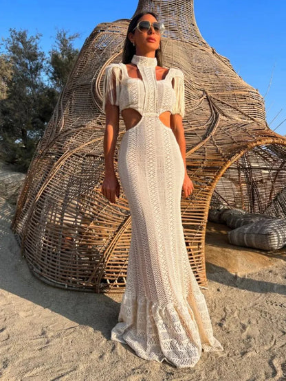 Sexy Elegant White Lace Turtleneck Dress with Tassel Sleeves