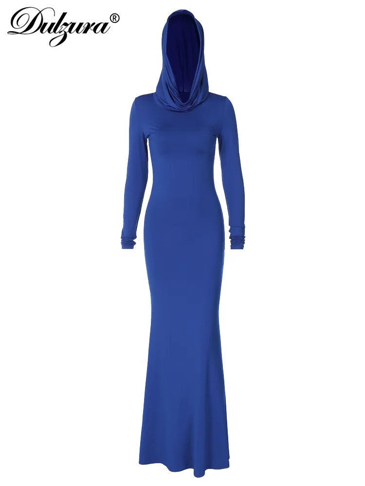 Hooded Long Sleeve Maxi Dress - Solid Color, Bodycon Fit for Summer & Autumn Parties