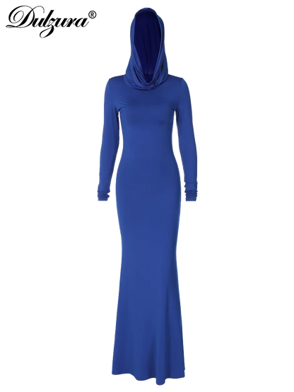 Hooded Long Sleeve Maxi Dress - Solid Color, Bodycon Fit for Summer & Autumn Parties