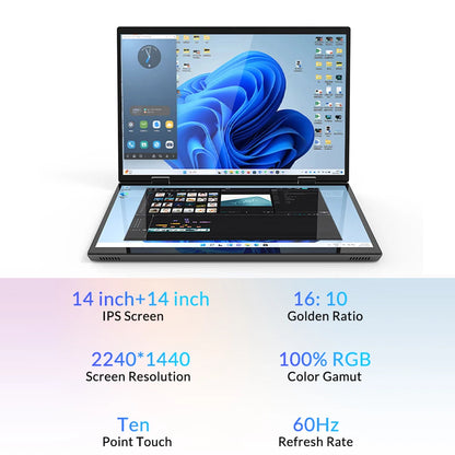 CRELANDER Dual Screen Laptop 14+14 Inch 2K Touch Screen Notebook Intel N95 CPU 360 Degree Flip Metal Case 2 in 1 Laptop Computer