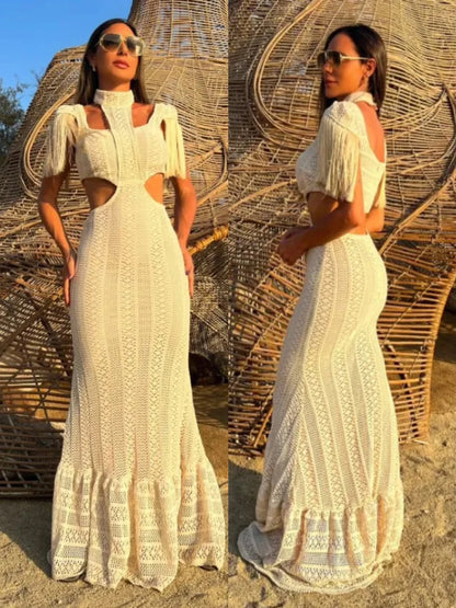 Sexy Elegant White Lace Turtleneck Dress with Tassel Sleeves