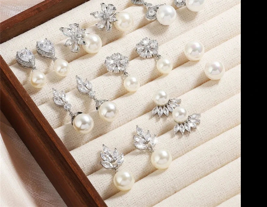 Elegant Pearl Flower Stud Earrings with Shiny Zircon for Women