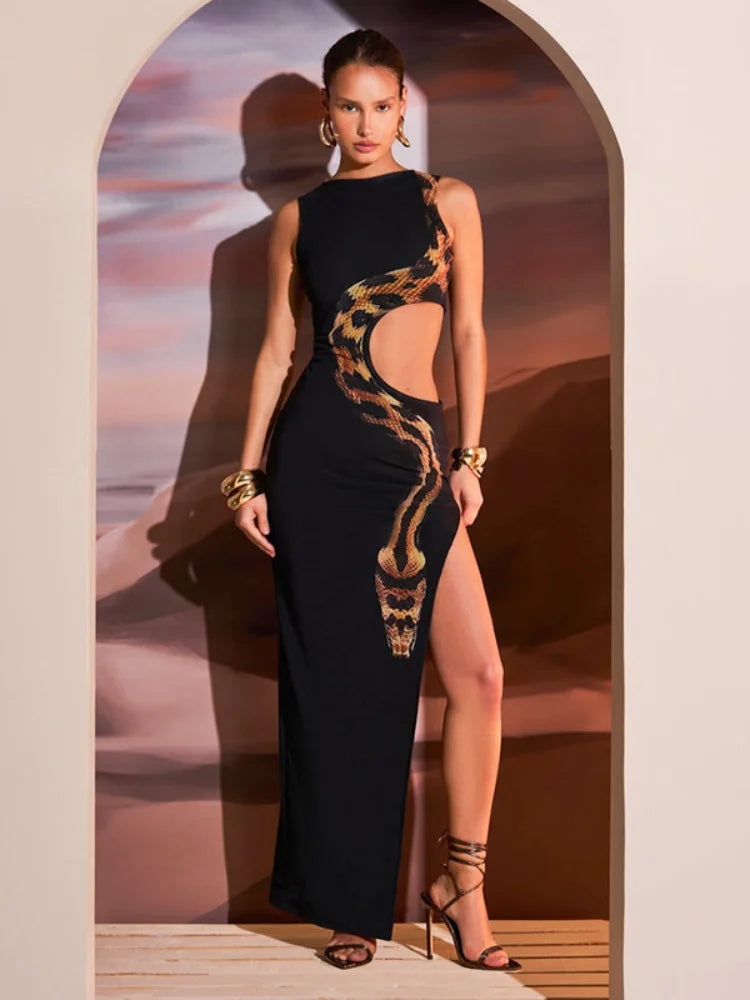 Sleek Snake Print Sleeveless Evening Gown