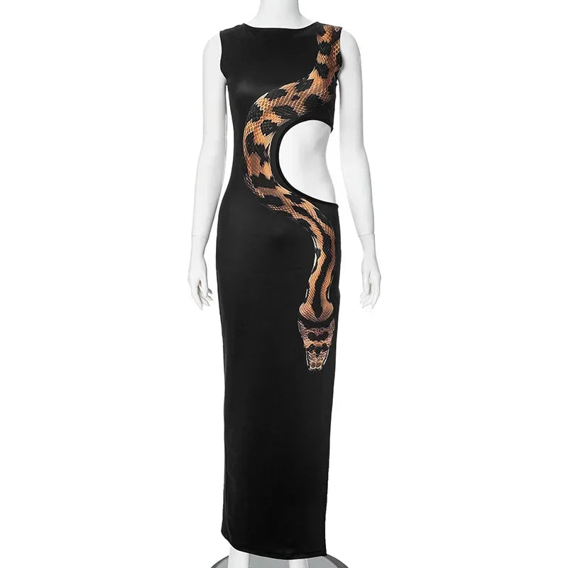 Sleek Snake Print Sleeveless Evening Gown