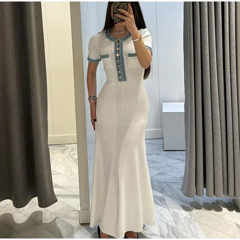 Elegant V Neck Denim Knitted Long Dress Women Fashion Short Sleeved Buttons Bodycon Dresses Office Lady Pockets Robes