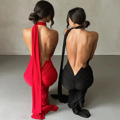 One Shoulder Backless Adjustable Scarf Sexy Maxi Dress