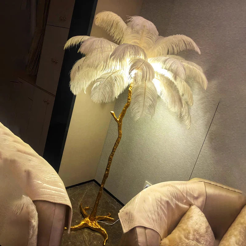 Nordic Ostrich Feather Led Floor Lamp Resin Copper Living Room Home Decor Standing Light Indoor Lighting Bedroom Bedside Light