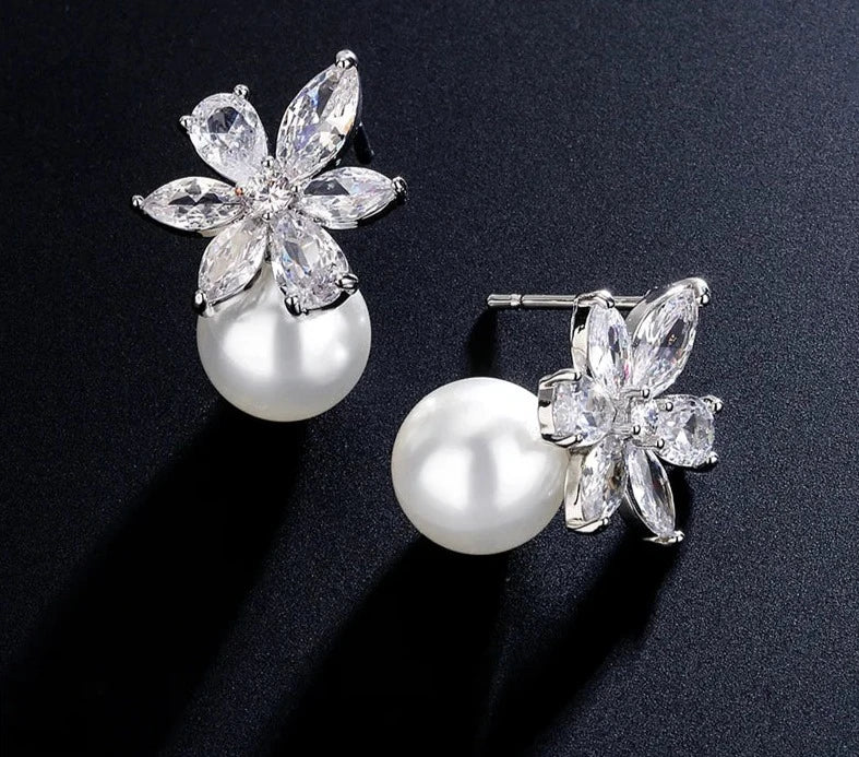 Elegant Pearl Flower Stud Earrings with Shiny Zircon for Women