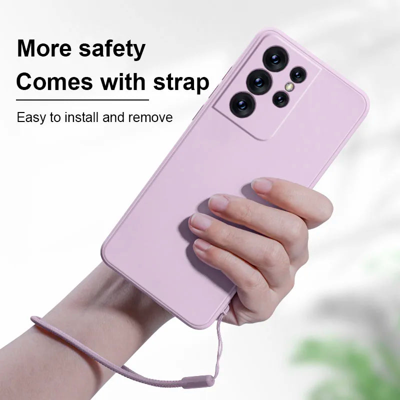 Samsung Liquid Silicone Wrist Strap Cord Phone Case For Galaxy S24 Ultra S23 Plus S22 S21 Shockproof Camera Protection Cover