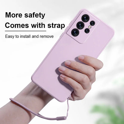 Samsung Liquid Silicone Wrist Strap Cord Phone Case For Galaxy S24 Ultra S23 Plus S22 S21 Shockproof Camera Protection Cover