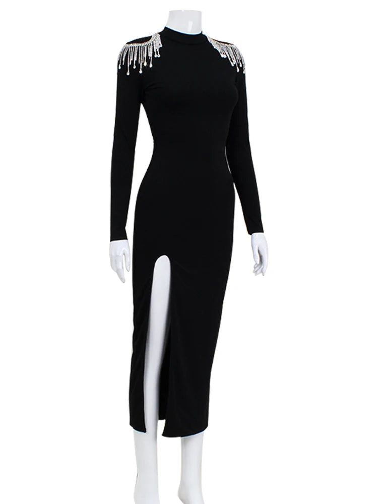 Beaded Split Backless Bodycon Dress - High Neck, Long Sleeve, Sexy Clubwear