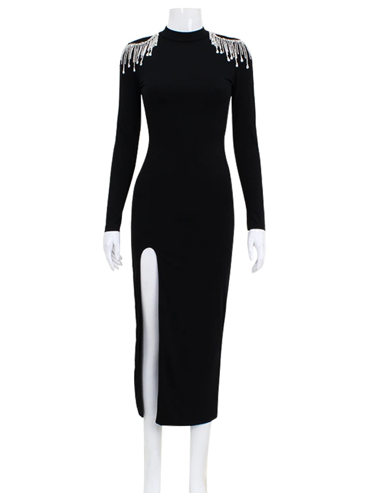 Beaded Split Backless Bodycon Dress - High Neck, Long Sleeve, Sexy Clubwear