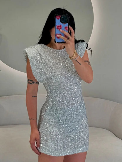 Women Elegant Shiny Sequin Mini Dress Chic Round Neck Sleeveless Slim Hip Wrap Skirt Summer Lady Evening Party Gown Vestidos