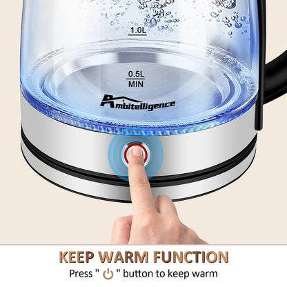 Glass Electric Kettle, 1.8L Glass Tea Kettle, Hot Water Boiler With LED Light, Auto Shut-Off & Boil Dry Protection, Stainless Steel