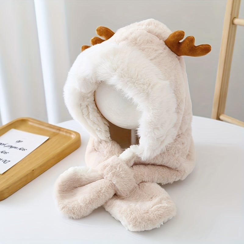 Cute Deer Hat Women Plush Rabbit Ear Funny Lolita Sweet Kawaii Winter Fluffy Fleece Warm Hat Plush Winter Thickened Cute Antlers Baby Hat With Scarf For 5-10 Y Children