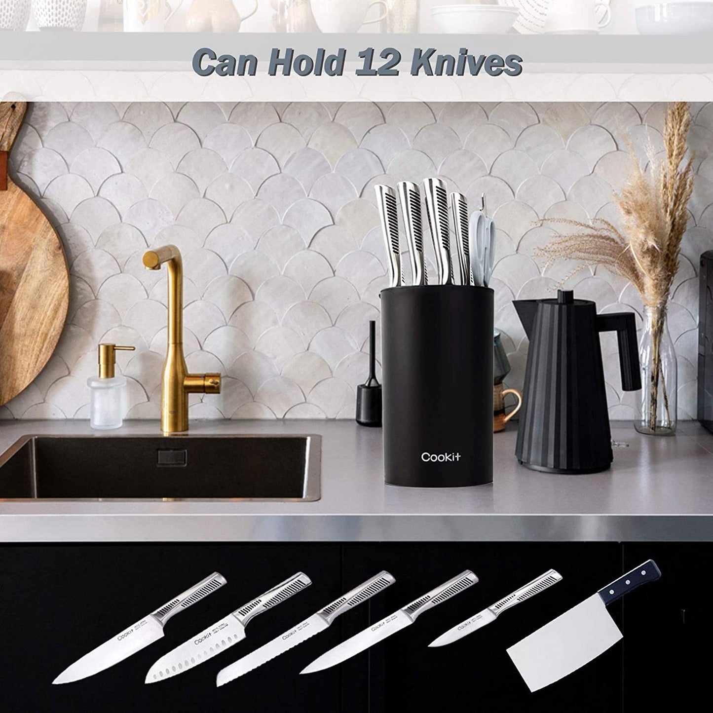 Knife Block Holder, Universal Knife Block without Knives, Unique Double-Layer Wavy Design, Round Black Knife Holder for Kitchen, Space Saver Knife Storage with Scissors Slot