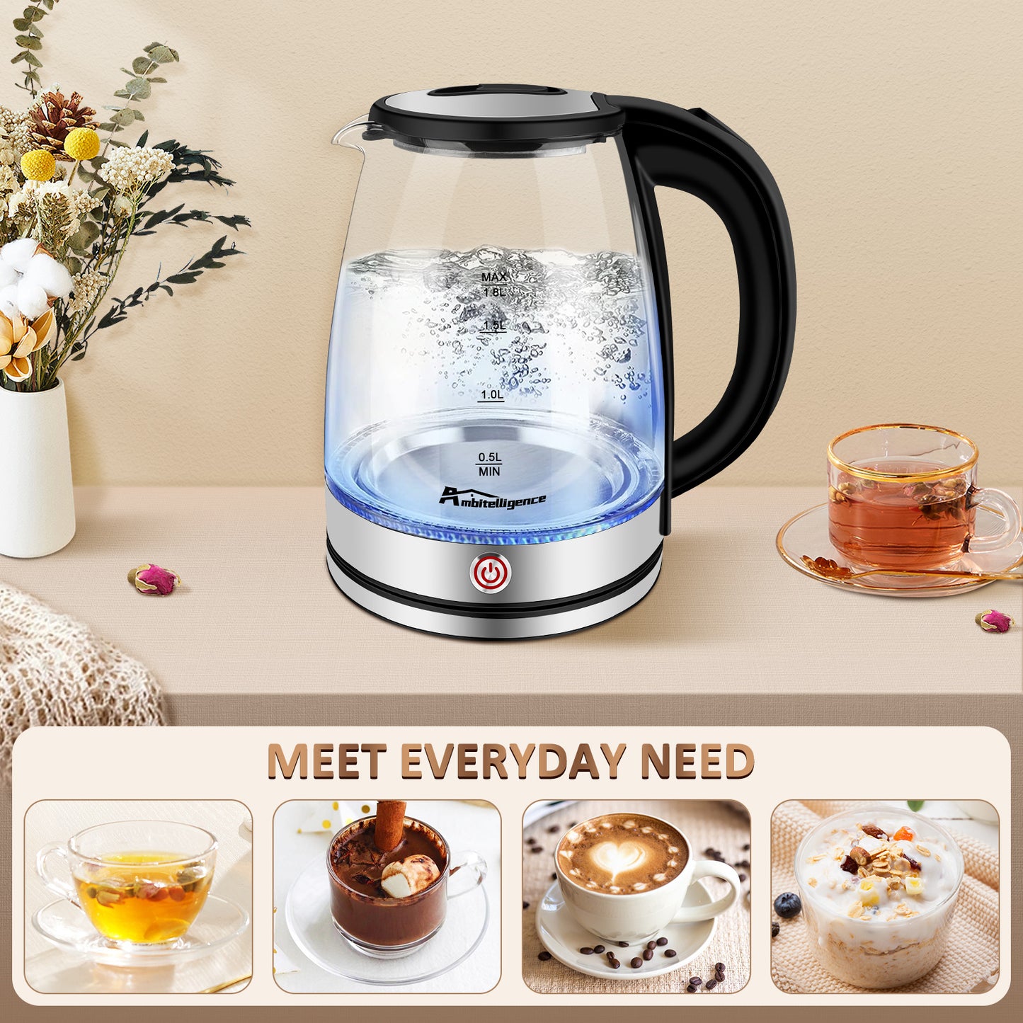 Glass Electric Kettle, 1.8L Glass Tea Kettle, Hot Water Boiler With LED Light, Auto Shut-Off & Boil Dry Protection, Stainless Steel