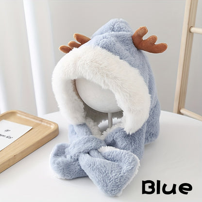 Cute Deer Hat Women Plush Rabbit Ear Funny Lolita Sweet Kawaii Winter Fluffy Fleece Warm Hat Plush Winter Thickened Cute Antlers Baby Hat With Scarf For 5-10 Y Children