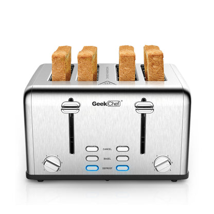 Geek Chef Toaster 4 Slice, Stainless Steel Extra-Wide Slot Toaster With Dual Control Panels Of Bagel,Defrost,Cancel Function