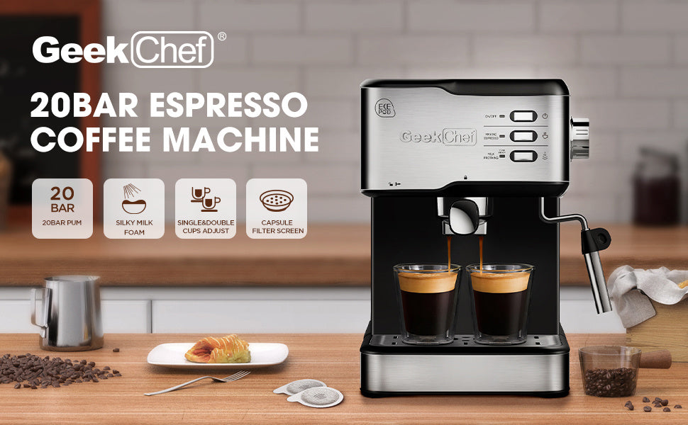 Geek Chef Espresso Machine, Espresso&Cappuccino Latte Maker 20 Bar Coffee Machine Compatible With ESE POD Capsules Filter&Milk Frother Steam Wand, 950W, 1.5L Water Tank