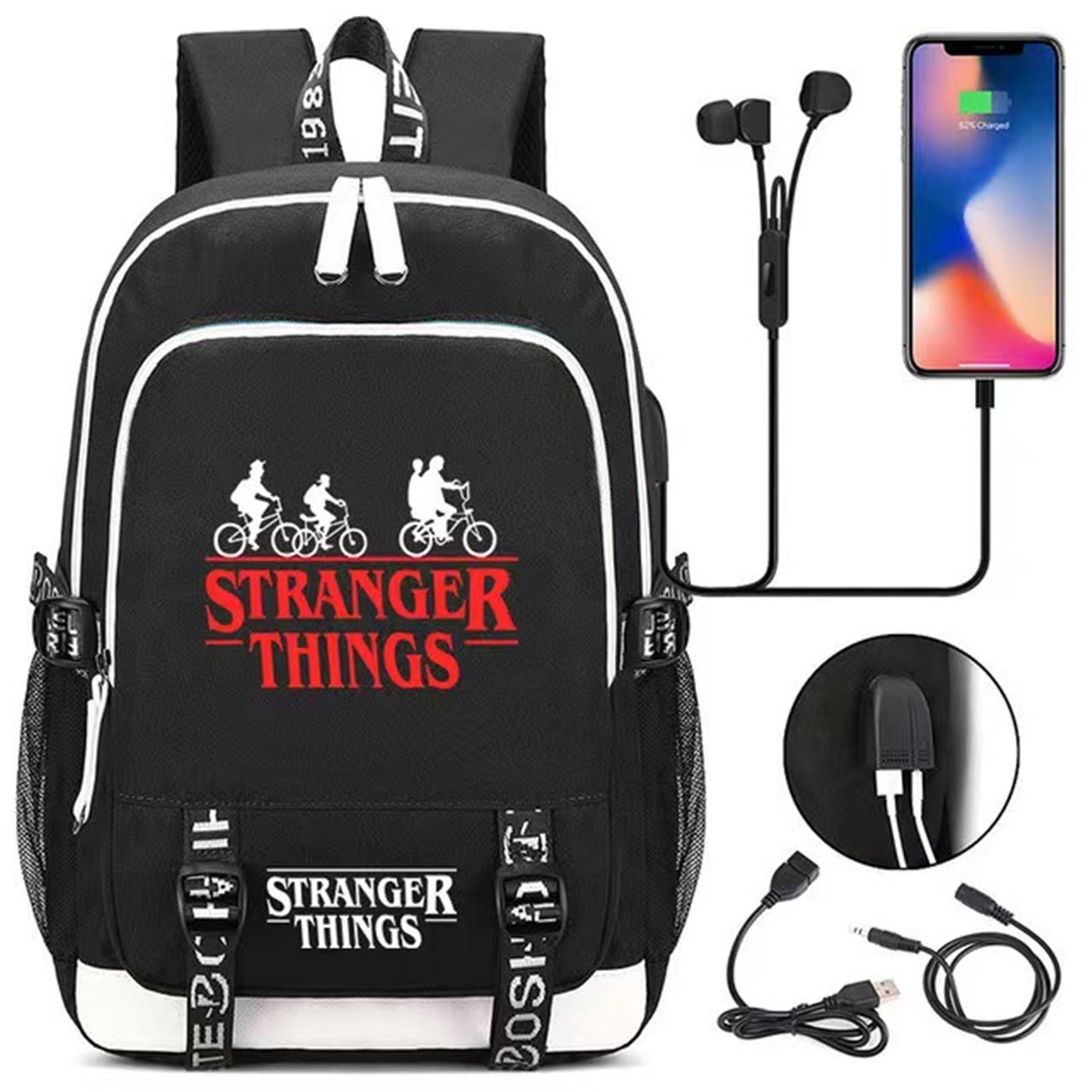 Stranger Things Backpack Ride The Bike Down The World Of Stranger Backpack Dream Of Exploring Things Laptop Daypack With USB Charging Sport Bag For Men Women Boy Girl Boys Black