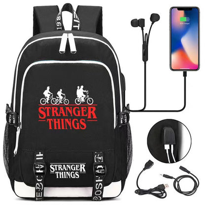 Stranger Things Backpack Ride The Bike Down The World Of Stranger Backpack Dream Of Exploring Things Laptop Daypack With USB Charging Sport Bag For Men Women Boy Girl Boys Black