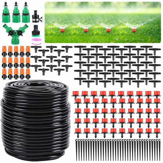 Garden Drip Irrigation Kit,164FT Greenhouse Micro Automatic Drip Irrigation System Kit With Blank Distribution Tubing Hose Adjustable Patio Misting Nozzle Emitters Sprinkler Barb