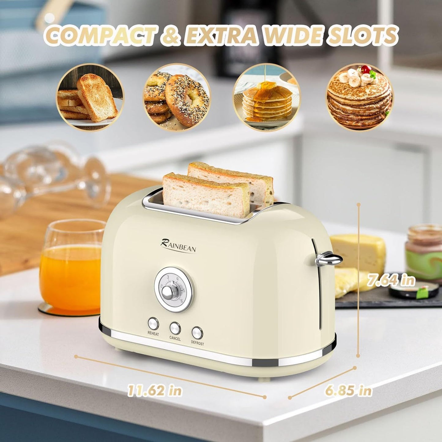 RAINBEAN Toaster 2 Slice Retro Toaster Stainless Steel With 6 Bread Shade Settings And Bagel Cancel Defrost Reheat Function, Cute Bread Toaster With Extra Wide Slot And Removable Crumb Tray